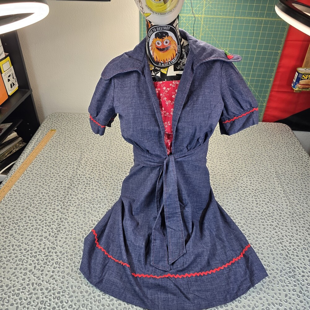 VTG 60s Carole King Junior Fashions Chambray 2pc Prairie Dress Bolero XS Ric‑Rac